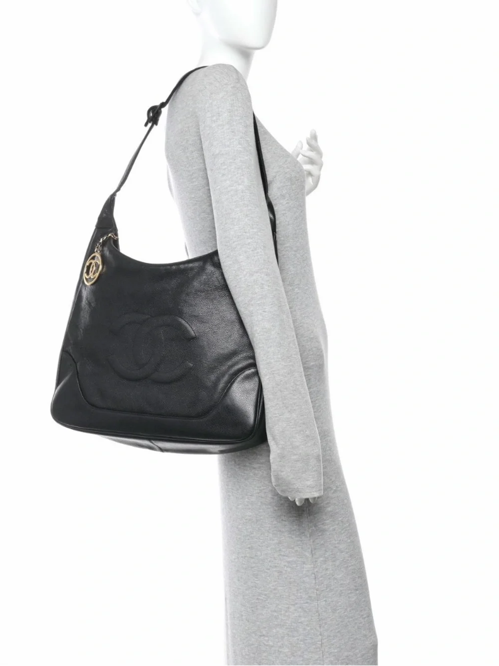 CHANEL Vintage Caviar Leather Hobo Shoulder Bag & Wallet Set CC Charm Medallion